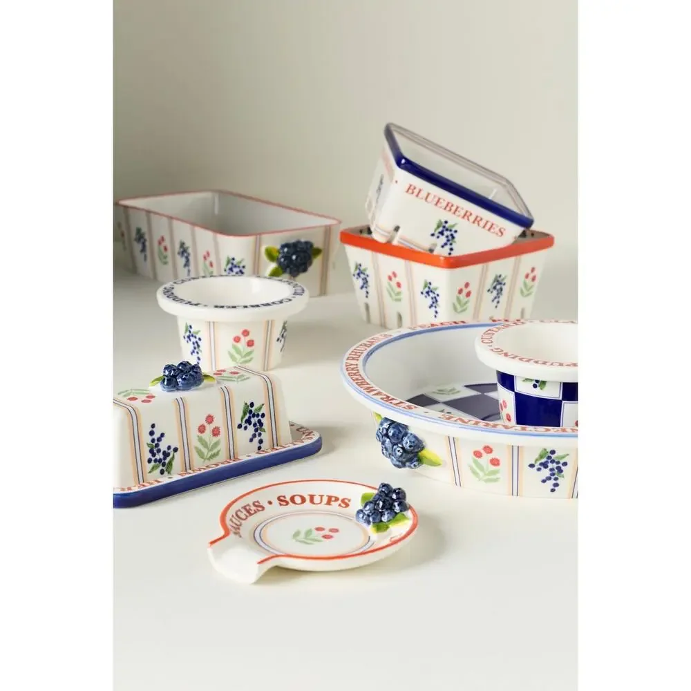 ANTHROPOLOGIE Lotta Berry Ceramic Basket Dish Square Stoneware Navy Small NIB